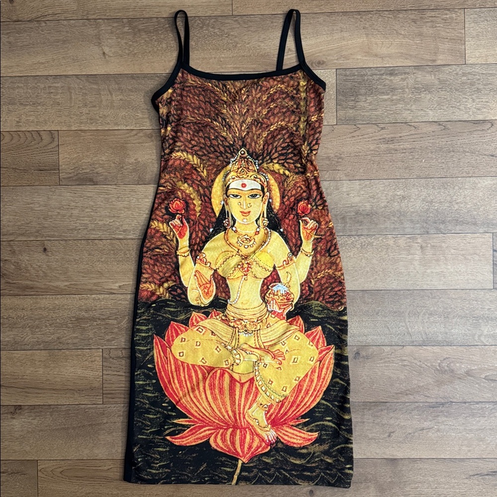 Y2K Rampage Size Small Lakshmi Dress Buddhist On Lotus Flower Vintage 1990s Rare